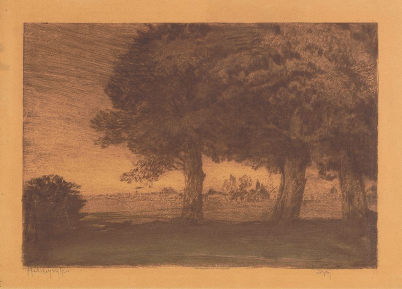 Oaks de Feliks Jabłczyński, expresionismo, representando raíces retorcidas y un paisaje.
