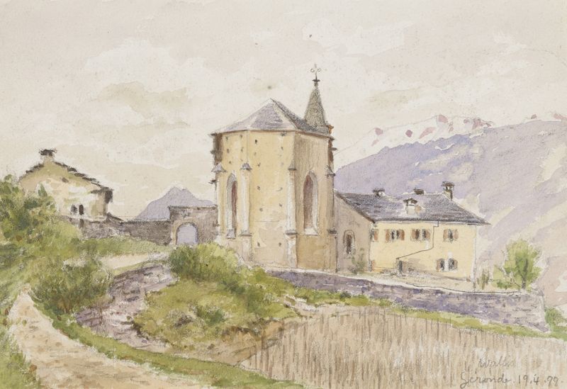 Pintura a óleo de paisagem por Paul Franz Otto mostrando uma igreja em um vale com colinas.