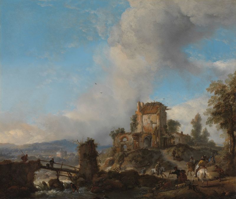 La Caza del Ciervo de Philips Wouwerman, óleo sobre lienzo que representa cazadores en un bosque.