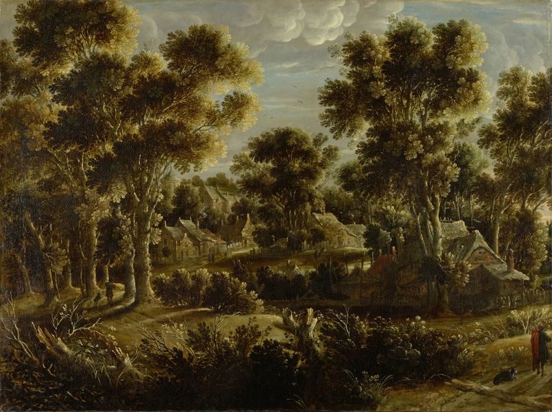 Paisaje forestal con aldea, pintura al óleo de Gillis Claesz. de Hondecoeter