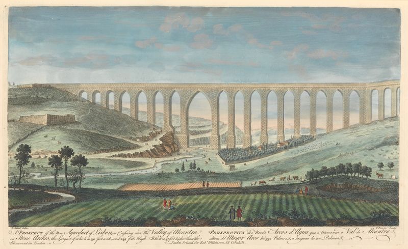 Romanticism oil painting by Thomas Bowles III depicting the New Aqueduct of Lisbon against a blue sky
