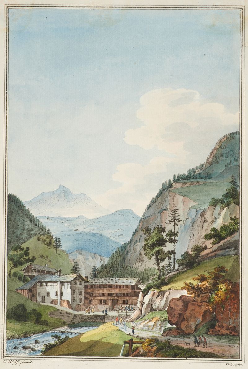 Paisaje con vegetación exuberante y luz solar, pintura al óleo de Caspar Wolf.