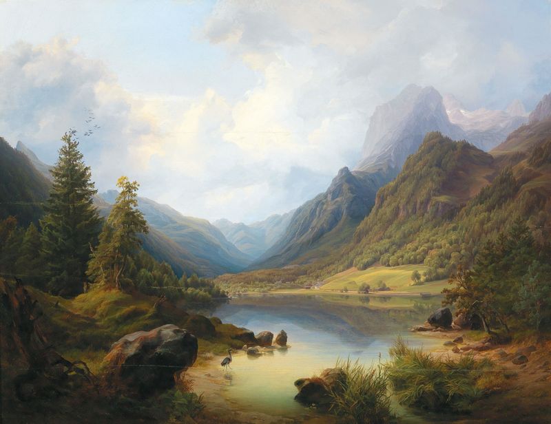 A View Of Hintersee With Reiteralm by Anton Schiffer, oil painting depicting mountains and lake.