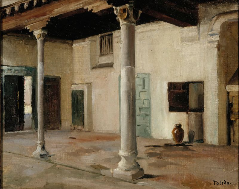 Courtyard in Toledo by Albert Edelfelt, oil on canvas, depicting a serene courtyard with a path.