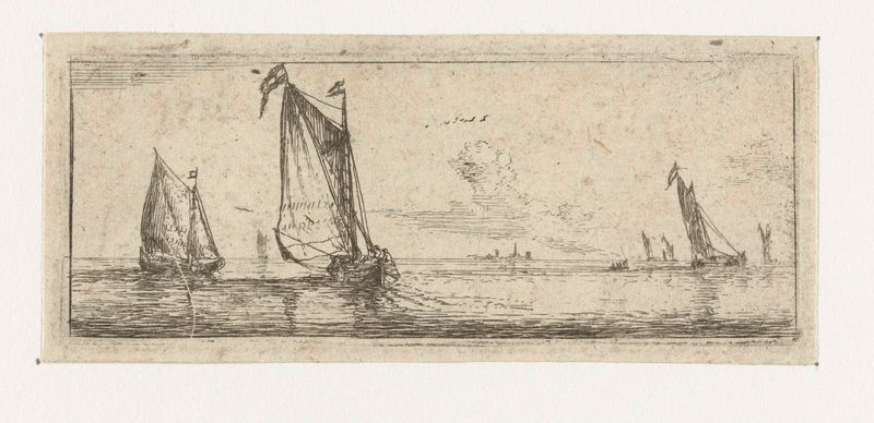 Klein zeegezicht met twee barken de Reinier Nooms, grabado que muestra barcos en aguas turbulentas