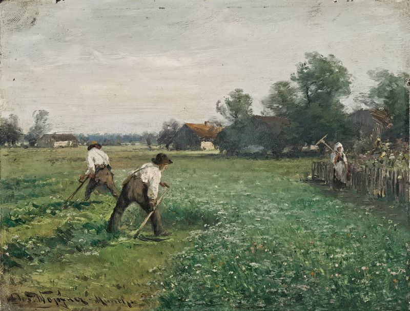Paisaje que representa el tiempo de cosecha con capas texturizadas, pintura al óleo de Joseph Wopfner