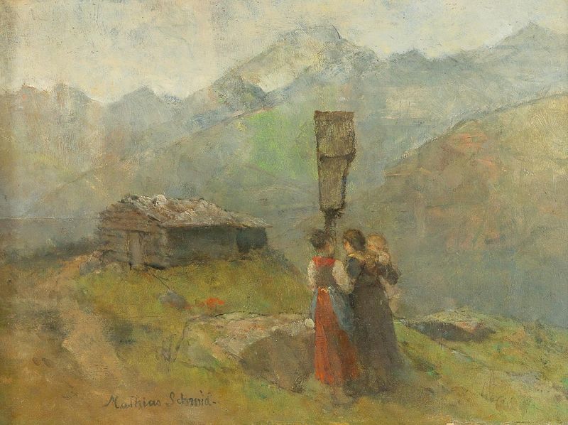 Three Women at the Wayside Shrine in the High Mountains by Mathias Schmid, oil painting