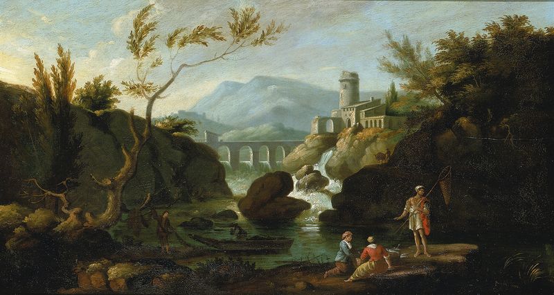 Classical Landscape by John Ritto Penniman, oil painting depicting a tranquil river and nature.