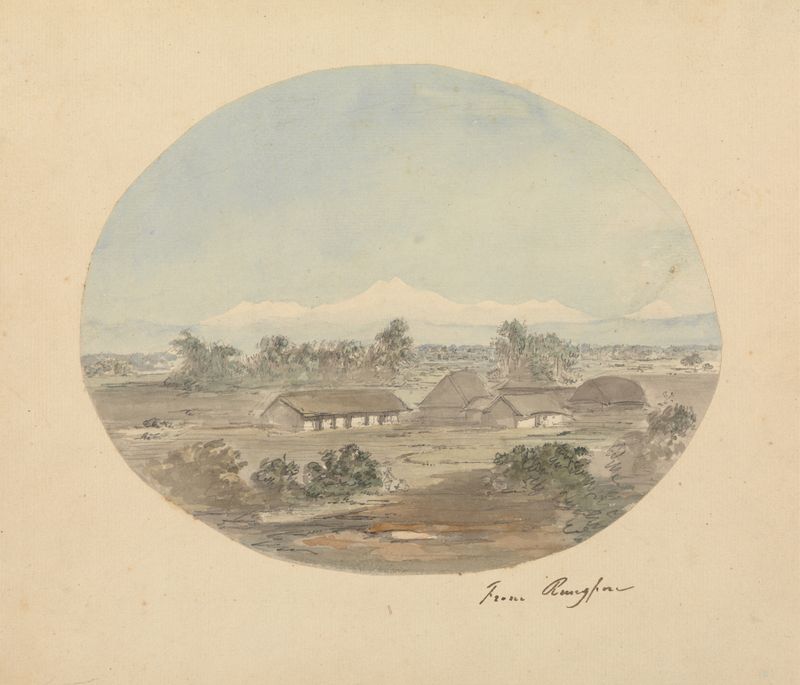 Oil painting by Samuel Davis depicting a serene landscape with fields and wildflowers