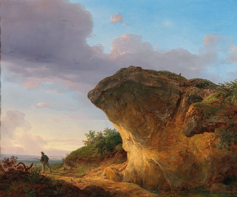 Hunter before a Rock by Franz Steinfeld, oil painting featuring a hunter and a large rock.