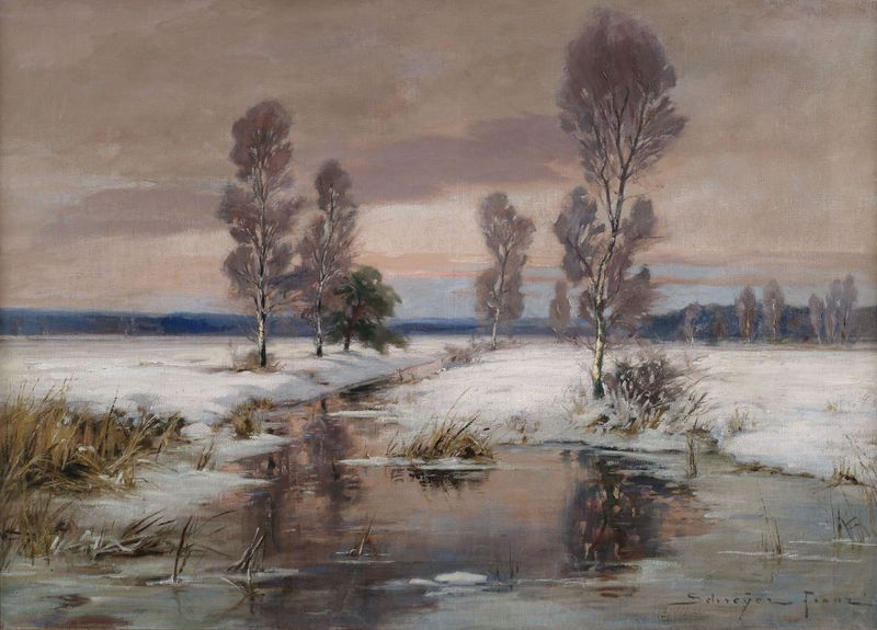 Winterliche Bachlandschaft de Franz Schreyer, óleo sobre lienzo que representa un arroyo en un paisaje nevado.