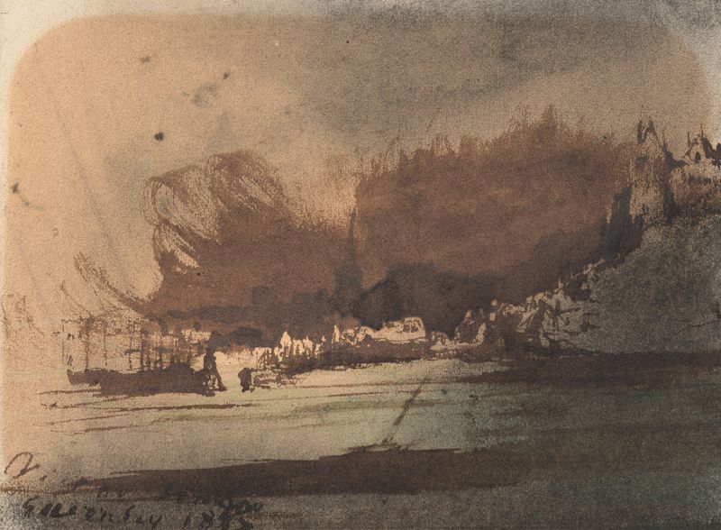 Vue de Guernesey de Victor Hugo, dibujo en tinta y carbón que representa acantilados y sombras dramáticas.