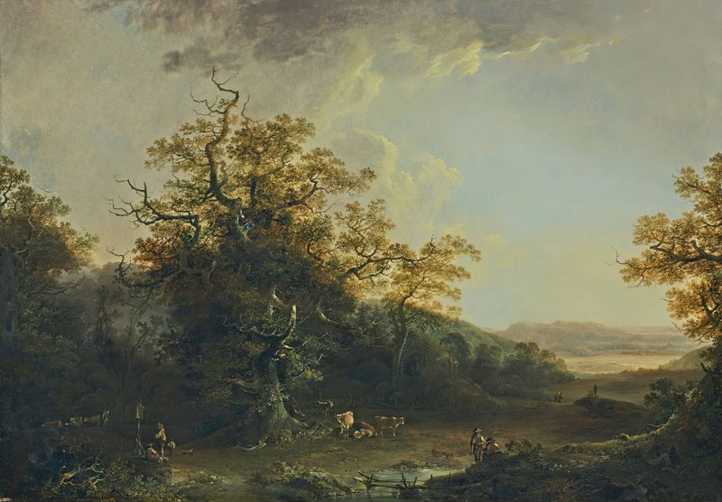 Landschaft Mit Fischern, Hirten Und Vieh by Johann Heinrich Wüest, oil painting depicting a serene landscape with fishermen and cattle.