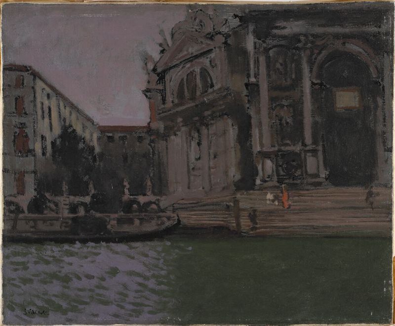 Los escalones de Santa Maria della Salute de Walter Sickert, óleo sobre lienzo que muestra figuras ascendiendo escalones.