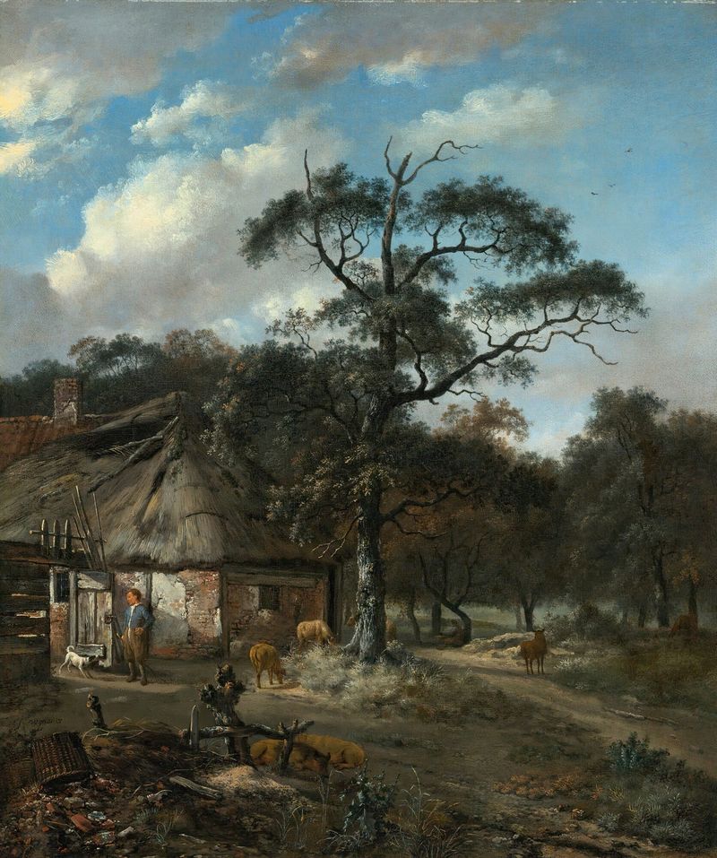 Paisaje boscoso con un niño y animales cerca de una cabaña, óleo sobre lienzo de Jan Wijnants
