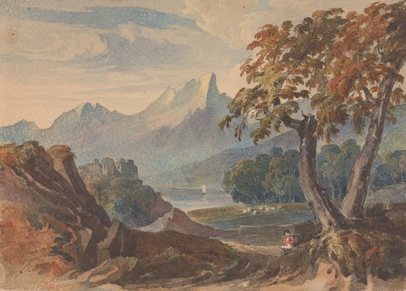 Paisaje con Montañas, Castillo en el Lago, Figura Sentada en Primer Plano de Thomas Sully, pintura al óleo