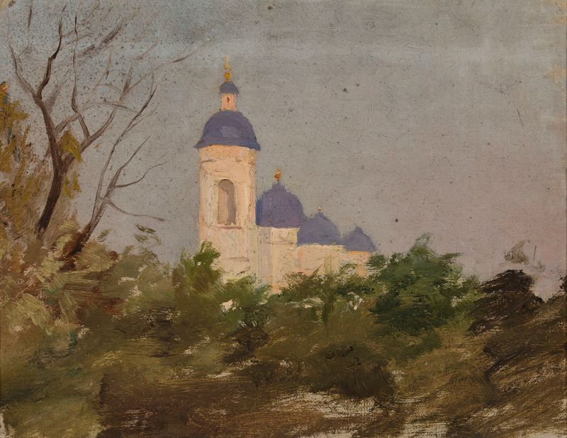 Estudio de una iglesia ortodoxa de Jan Ciągliński, medio desconocido, que muestra intrincadas tallas y un alto campanario.