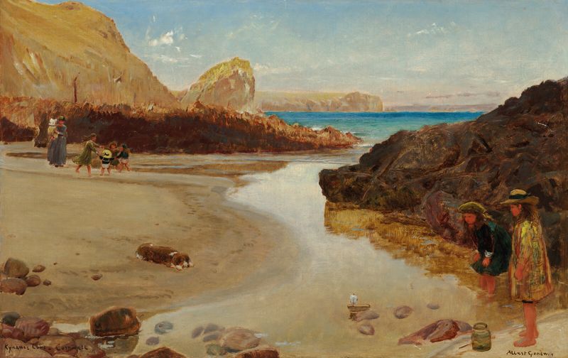 Kynance Cove, Cornwall by Albert Goodwin, oil painting depicting crashing waves and coastline.