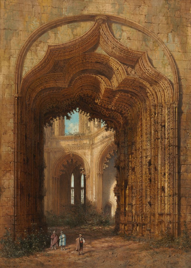 Ruined Church by Adrien Dauzats, oil on canvas depicting a decaying church at sunset