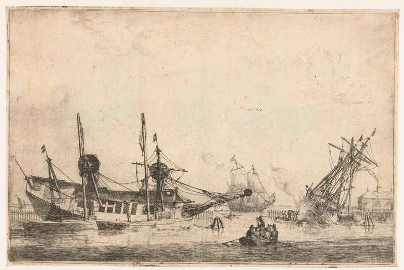 Dois navios elegantes com velas desfraldadas, gravura de Reinier Nooms