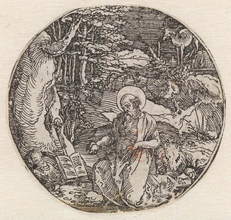 Saint Jerome in a forest, illuminated by light, paper artwork by Hans Springinklee