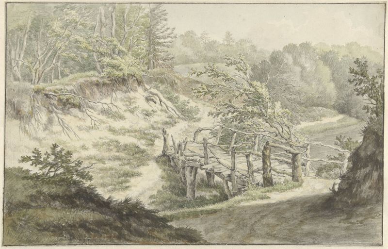 Paisagem com uma ponte de madeira sobre um curso de água de Willem Uppink