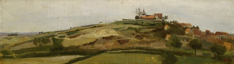 View of Lormes, óleo sobre lienzo de Jean-Baptiste-Camille Corot, que muestra un paisaje tranquilo con árboles y un río.