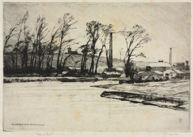 A Wintry Blast on the Stourbridge Canal by Sir Frank Short, depicting a winter landscape, oil painting.