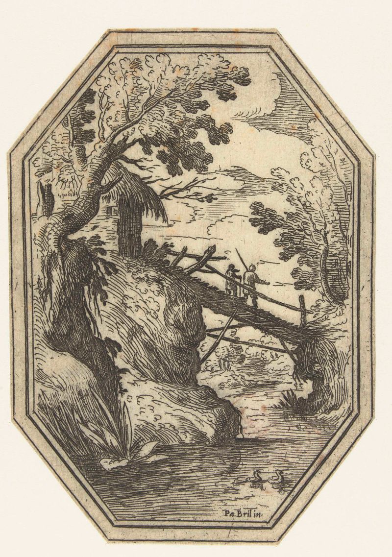 Etching by Paul Bril depicting a wooden bridge over a stream with lush foliage