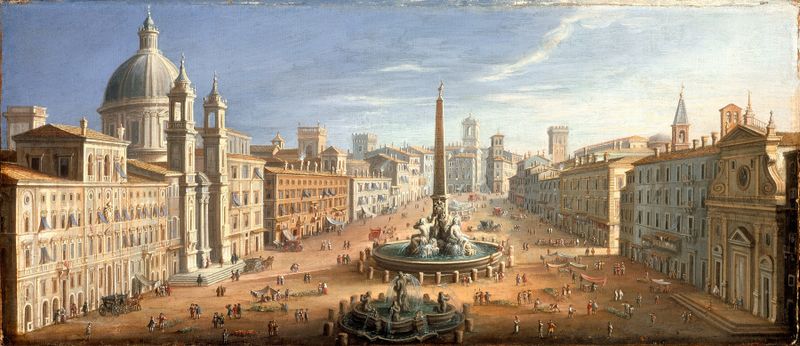 Genre scene depicting a bustling crowd in the Piazza Navona, Rome, by Hendrik Frans Van Lint, oil painting