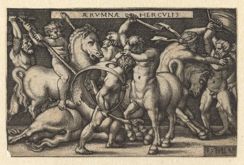Hércules luchando contra centauros, grabado de Hans Sebald Beham