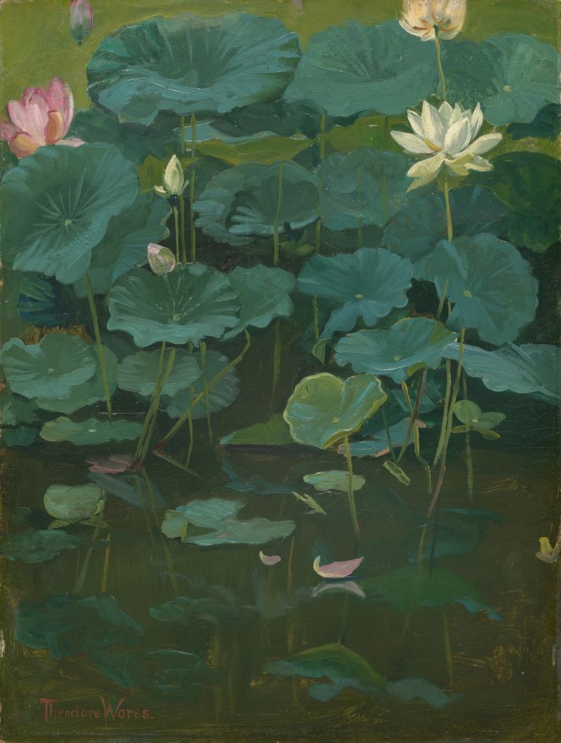 Flores de loto en suave rosa y blanco de Theodore Wores, 1894, pintura al óleo