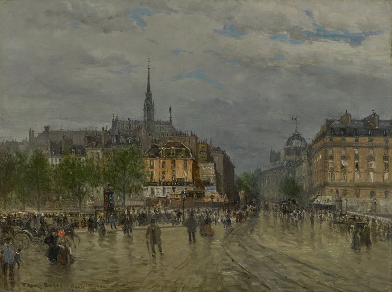 Vista de Paris de Frank Myers Boggs, Impressionismo, retratando telhados e cores pastel ao amanhecer