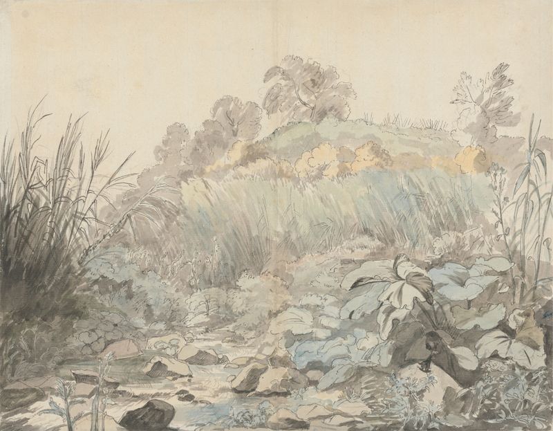 A Rocky Stream de Samuel Woodforde, pintura a óleo que retrata um riacho rochoso em uma paisagem serena.