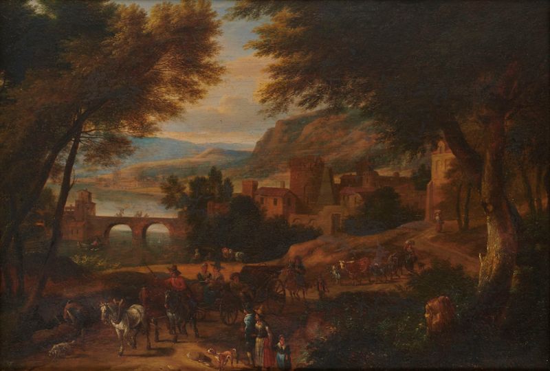 Landscape by Adriaen Frans Boudewijns, oil painting depicting hills and clouds