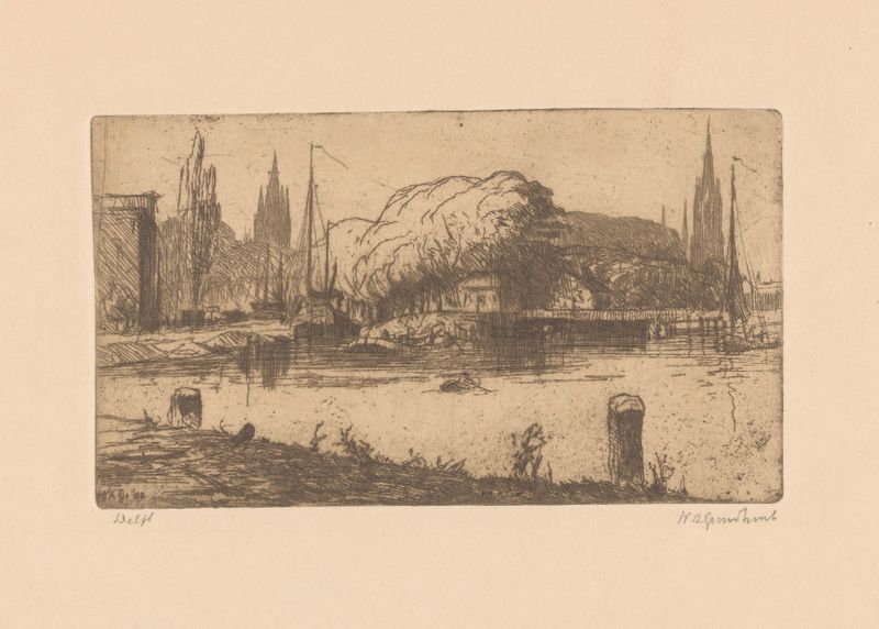 Delft de Willem Adrianus Grondhout, pintura a óleo de um canal com reflexos de edifícios históricos.