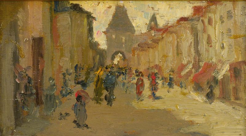 Moret Street by Robert Henri, oil on canvas depicting an urban scene with a solitary figure.