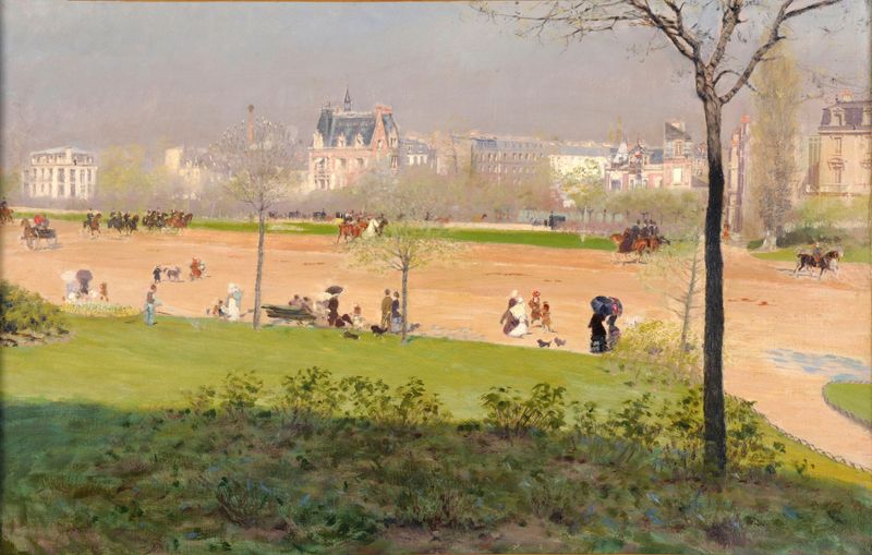 Avenue du Bois de Boulogne by Giuseppe De Nittis, oil on canvas, figures walking under sunlight in a park.