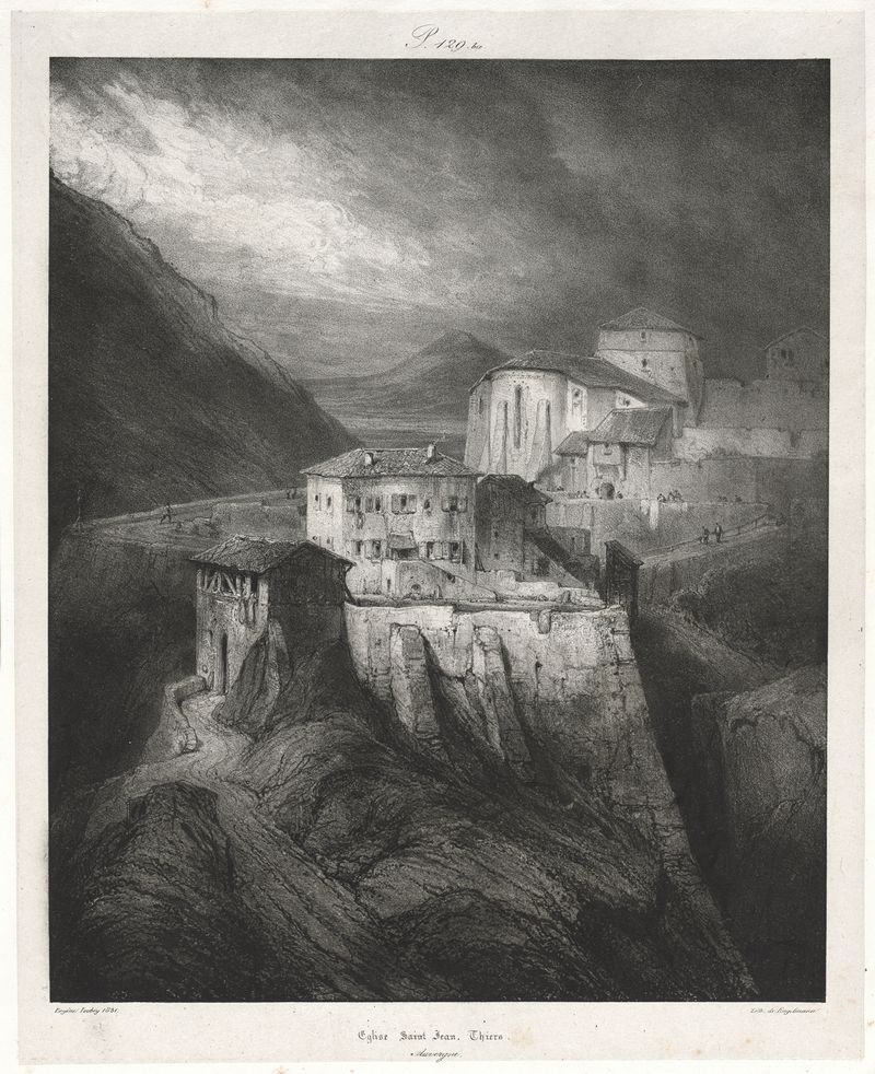 Igreja de São João em Thiers, pintura a óleo de Eugène Isabey, apresentando suaves sombras e textura de pedra.