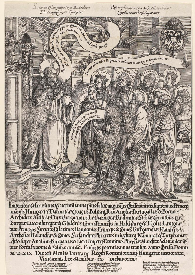 Religious etching by Albrecht Dürer depicting Maximilian I kneeling in prayer