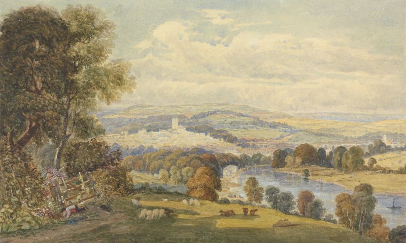 Landscape of Totnes, Devon by William Havell, oil painting.