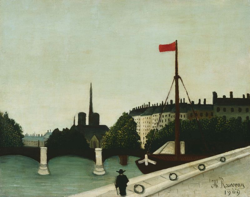 Notre Dame by Henri Rousseau, oil on canvas, depicting a cathedral silhouette at twilight.