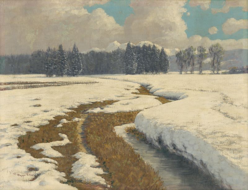 Winter landscape with a solitary figure in snow, oil on canvas by Viktor Olgyai
