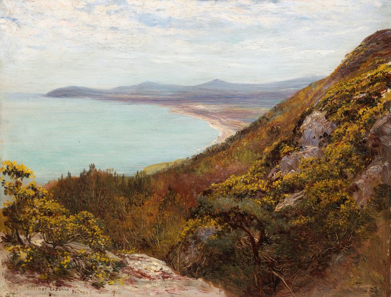 Killiney Bay, Looking towards Bray de Francis S. Walker, óleo sobre tela que retrata uma paisagem serena.