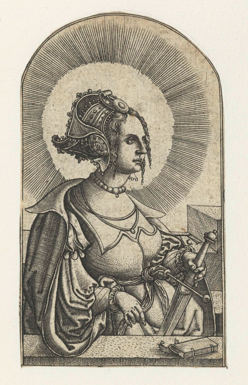 Heilige Catharina engraving by Monogrammist AC, depicting a saint in rich garments with gold leaf.