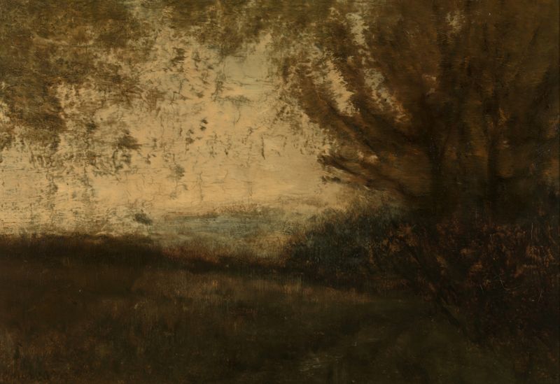 Landschap de Arthur Douglas Peppercorn, óleo sobre lienzo que representa un paisaje turbulento con nubes en espiral.