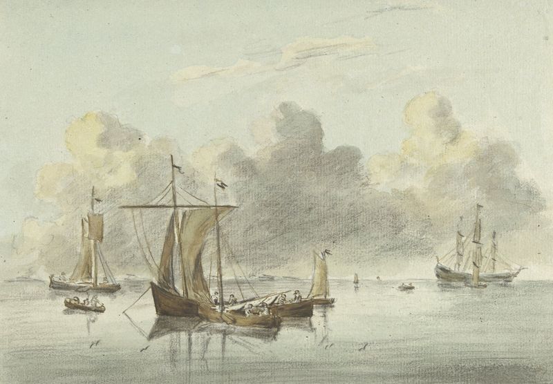 Boten in stil water by Jean Bernard, oil on canvas showing boats floating on calm water.