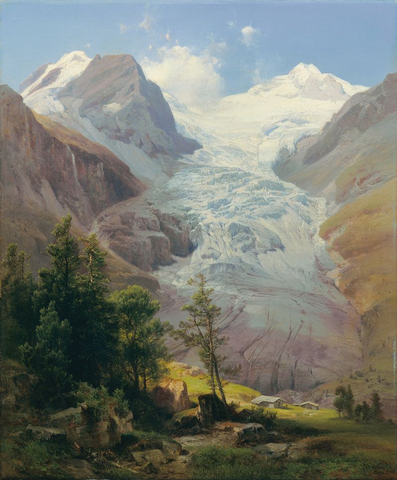 Der Palügletscher by Anton Hansch, oil on canvas, depicts a glacier with sunlight illuminating the icy landscape.