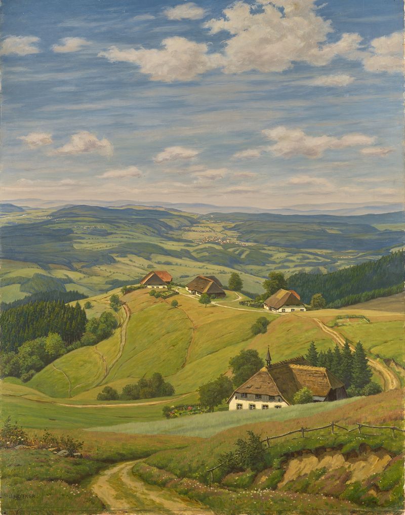 Landscape featuring a brook and greenery by Julius Heffner, oil painting