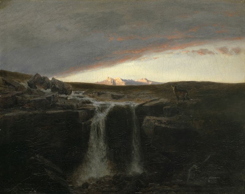 Mountain Landscape with Waterfall de Arnold Böcklin, óleo sobre tela, com uma cascata serena e montanhas.